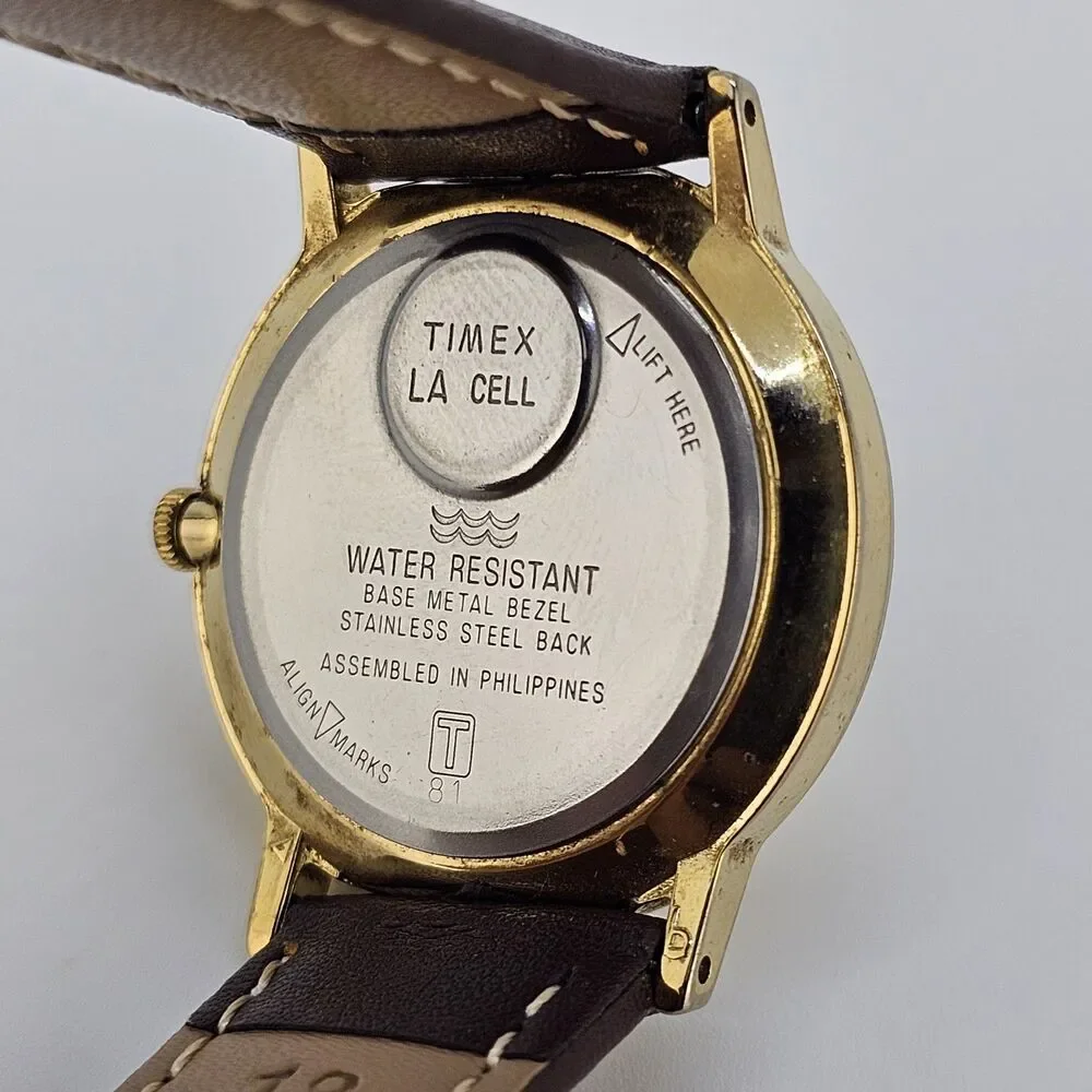 VTG Timex Men's Watch 32MM Gold Dial DayDate New Brown Leather Bands New Battery